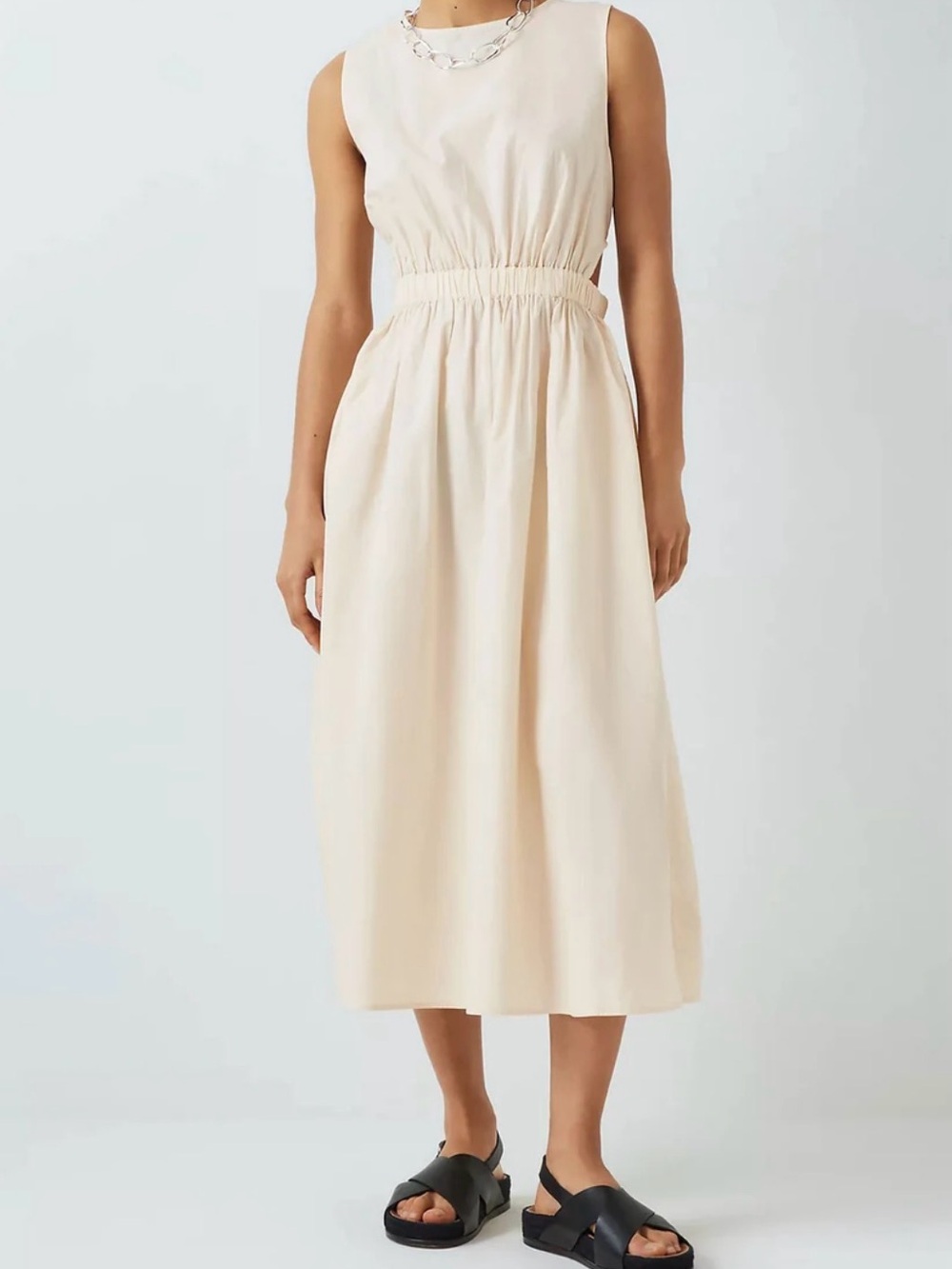Sleeveless Gathered Waist Midi Dress in Cream